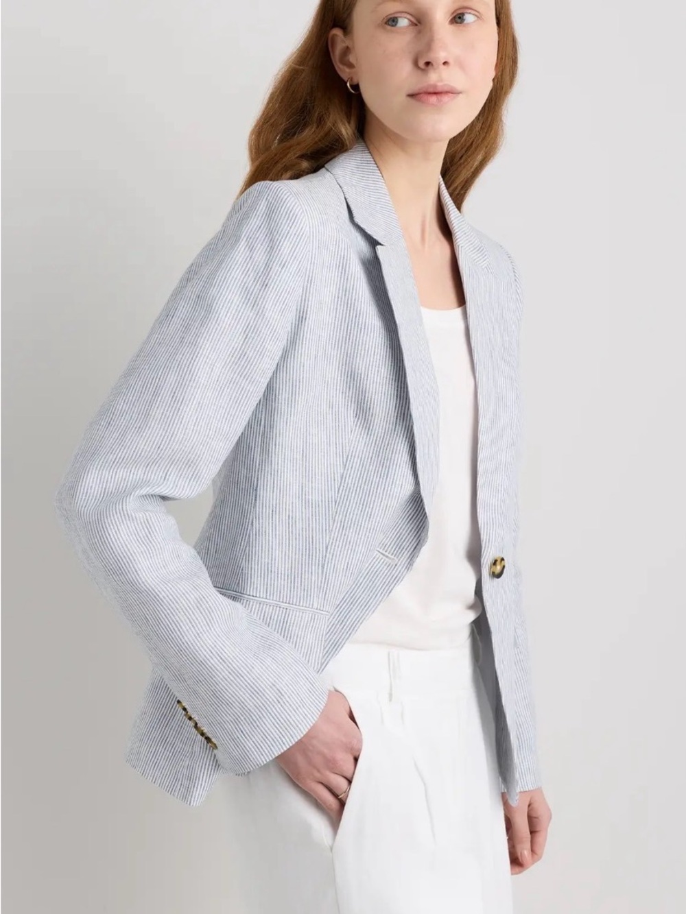 Women's White and Blue Pinstripe Single-Button Blazer